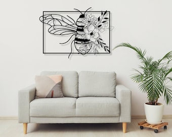 Farmhouse Metal Wall Art, Bee and Wildflowers Cottage Decor (Indoor Outdoor)