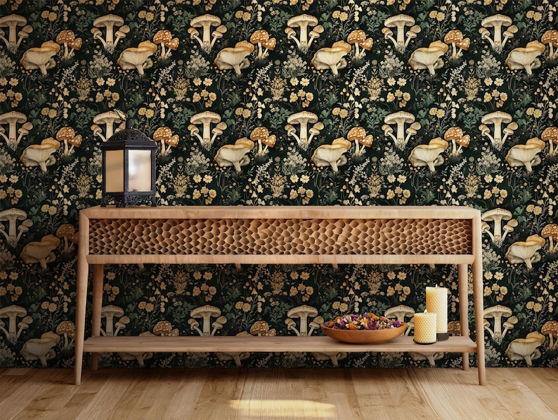 Woodland Whimsical Mushroom Wallpaper | Cottagecore Botanical Farmhouse Accent Wall Mural image 4