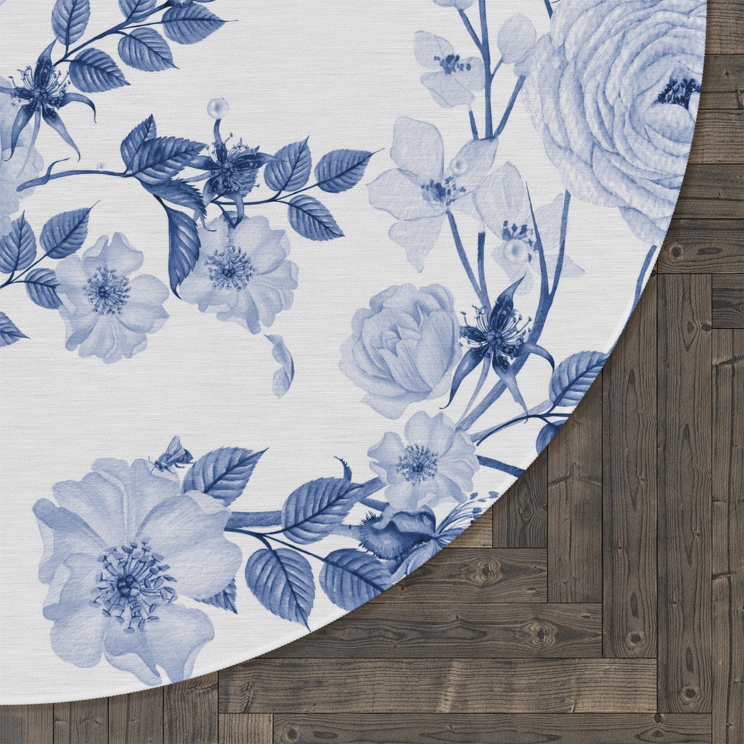 Blue Floral Round Rug, Boho Circle Rug, Plant Area Rug for Living Room