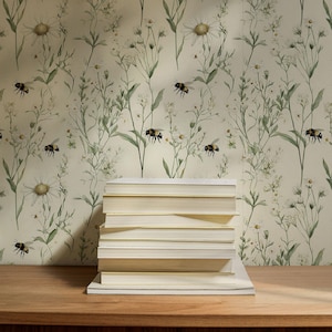Neutral Wildflower Bee Wallpaper: Boho Botanical Farmhouse Accent Wall Mural