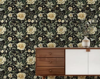 Bold Floral William Morris Style Wallpaper: Moody Dark Green + Cream Botanical Accent Wall Mural