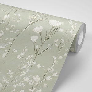 Green Wildflower Wallpaper: Neutral Floral Sage Botanical Accent Wall Mural image 3