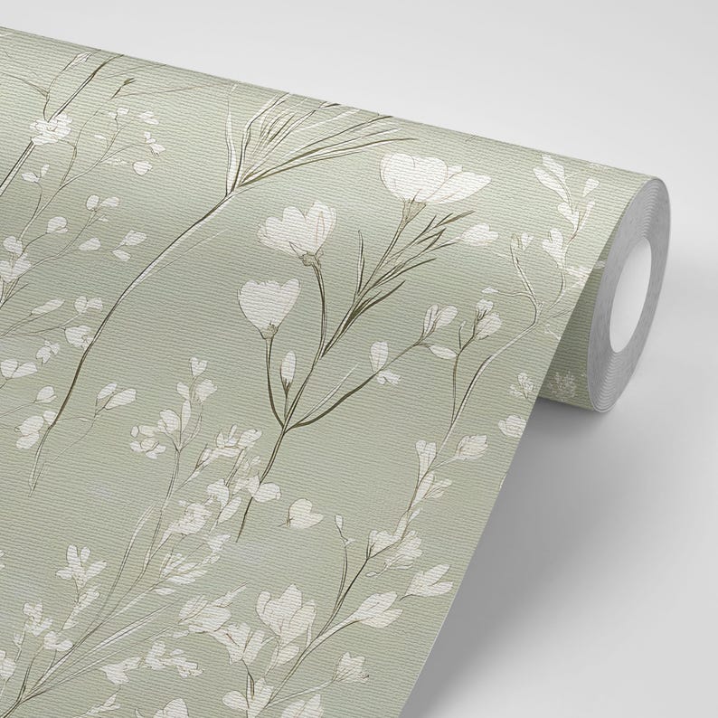 Green Wildflower Wallpaper: Neutral Floral Sage Botanical Accent Wall Mural image 3