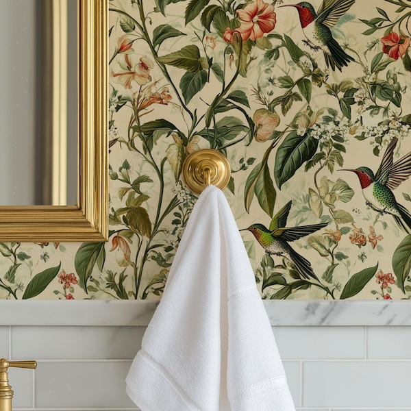 Whimsical Hummingbird Wallpaper: Botanical Cottagecore Bird Accent Wall Mural