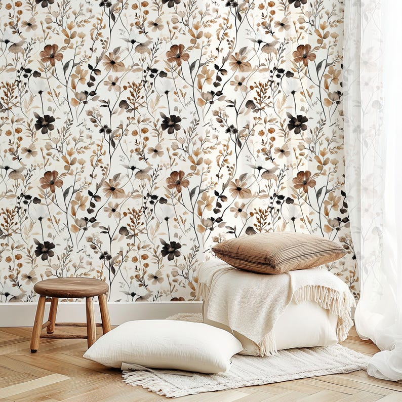 Papel pintado de flores silvestres neutras - Mural botánico minimalista beige y marrón: opciones tradicionales y extraíbles imagen 5