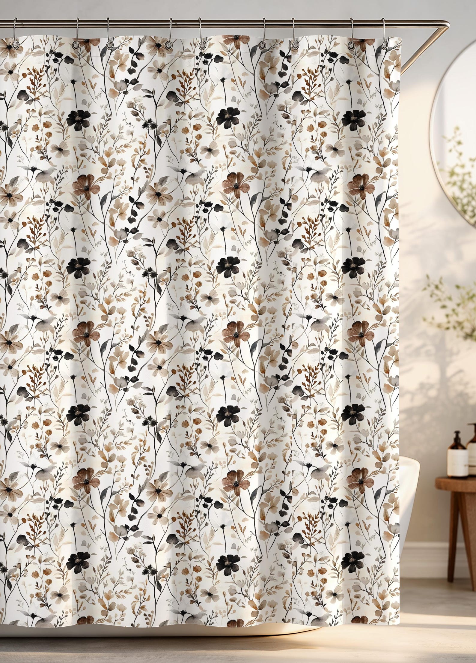 Neutral Floral Pattern Shower Curtain | Beige Black Botanical Bathroom