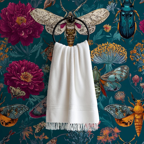 Whimsical Botanical Moth Wallpaper: Maximalist Teal Bug + Butterfly Accent Wall Mural