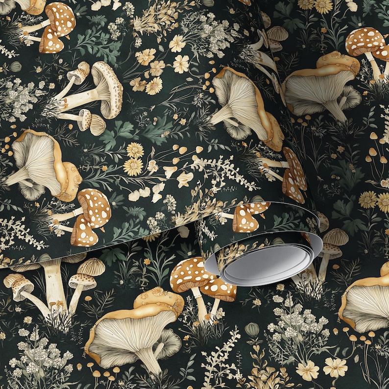 Woodland Whimsical Mushroom Wallpaper | Cottagecore Botanical Farmhouse Accent Wall Mural image 3