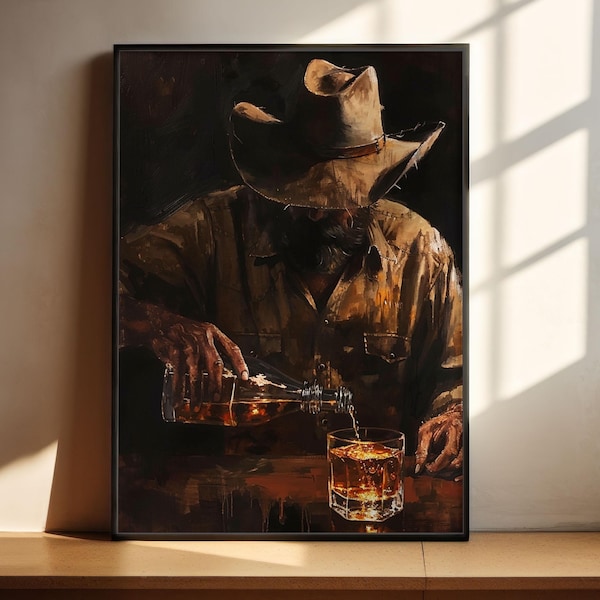 Whiskey Cowboy Artwork - Rustic Western Impressionist Canvas - Vintage Bar & Lounge Wall Art