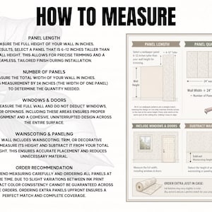 The image is a detailed guide on how to measure panel length, including instructions on selecting the right panel, measuring the width of the wall, and ordering the right amount of material.