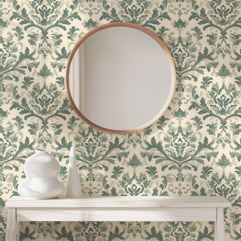 Vintage Green Damask Wallpaper - Botanical Victorian Accent Wall Mural ...