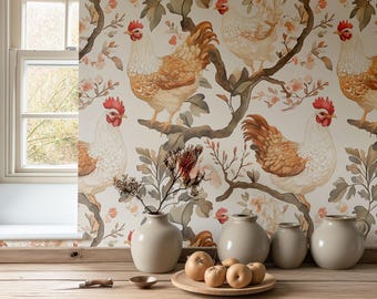 Boho Chinoiserie Chicken Wallpaper, Farmhouse Style Cottage Accent Wall Mural