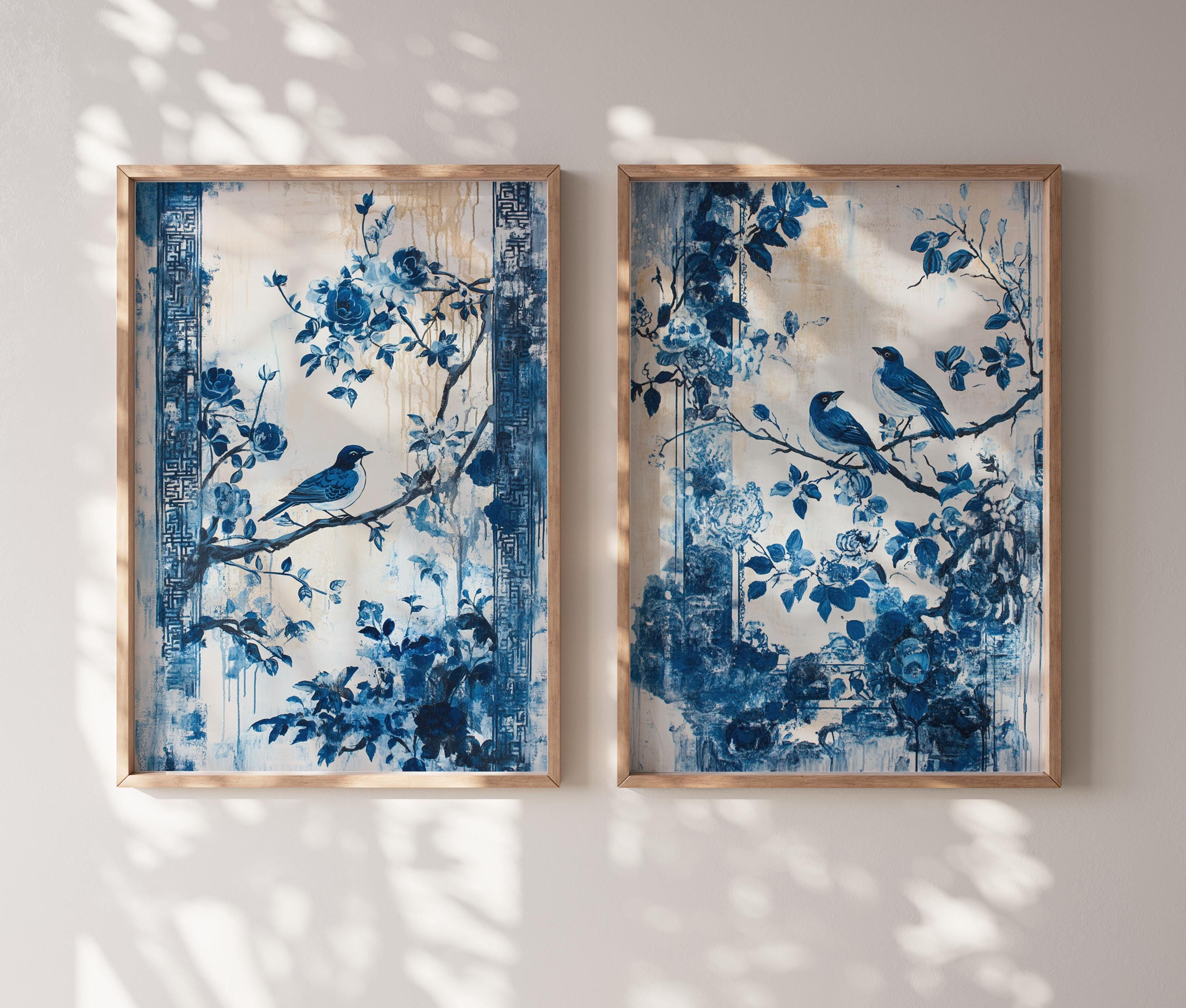 Chinoiserie Wall Art Set, Blue Floral Birds (Two Piece Botanical Prints)