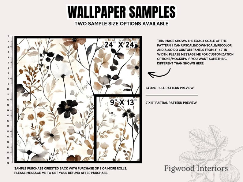 Papel pintado de flores silvestres neutras - Mural botánico minimalista beige y marrón: opciones tradicionales y extraíbles imagen 7