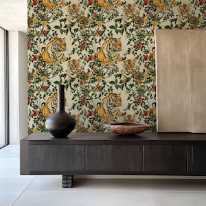 Maximalist Tiger Wallpaper Bold Jungle Accent Wall Mural Unique Botanical Peel & Stick Colorful Floral Removable Wall Paper