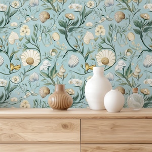Coastal William Morris Wallpaper Blue Sea Shell Art Nouveau Accent Wall Paper Beachy Peel & Stick Wallpaper Removable Tropical Wall Mural