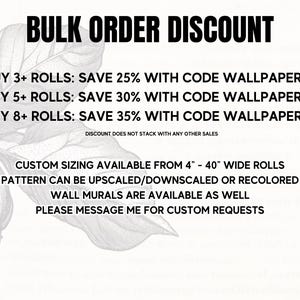 The image is a promotional image for a bulk order discount on wallpaper. It features a leaf with text that provides information about the discount and the available sizes of wallpaper.