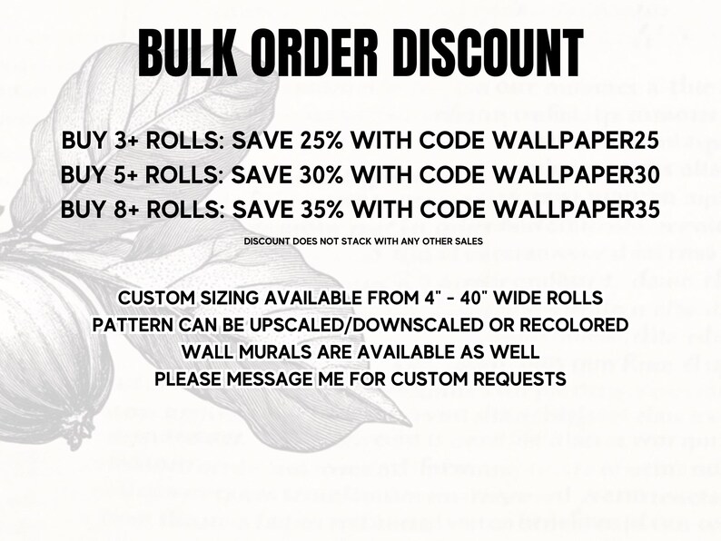 The image is a promotional image for a bulk order discount on wallpaper. It features a leaf with text that provides information about the discount and the available sizes of wallpaper.
