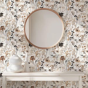 Papel pintado de flores silvestres neutras - Mural botánico minimalista beige y marrón: opciones tradicionales y extraíbles imagen 3