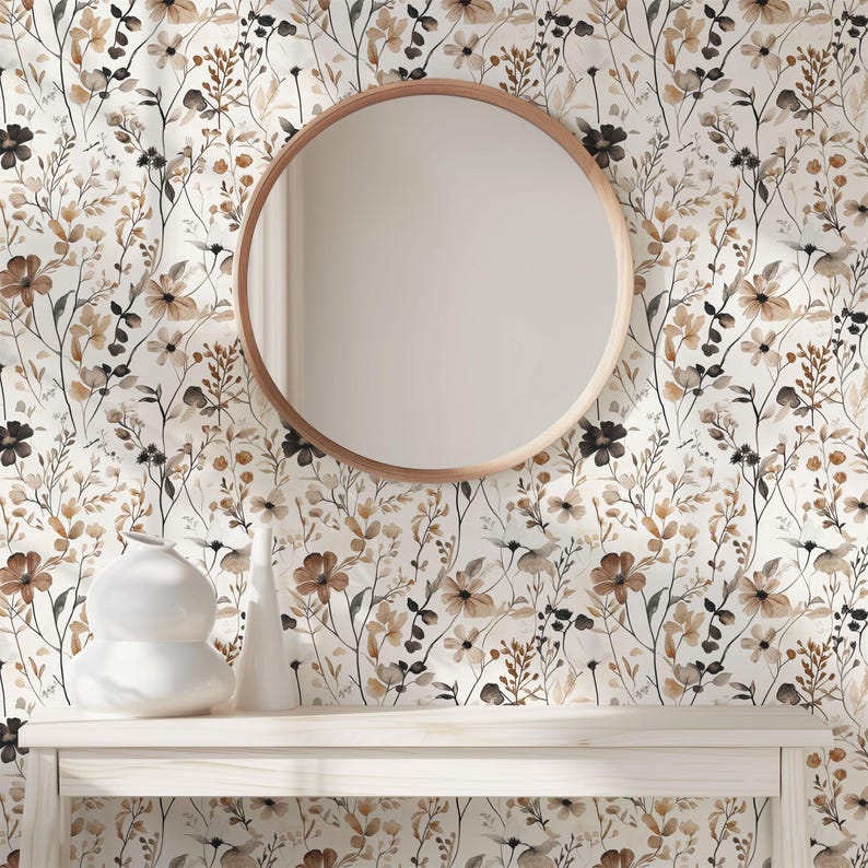 Papel pintado de flores silvestres neutras - Mural botánico minimalista beige y marrón: opciones tradicionales y extraíbles imagen 3