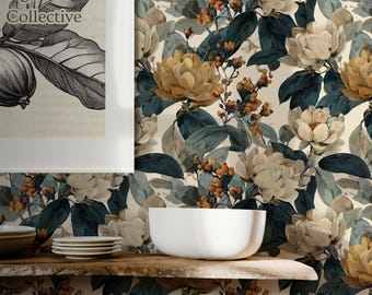 Dark Floral Wallpaper - Maximalist Botanical Accent Wall Mural