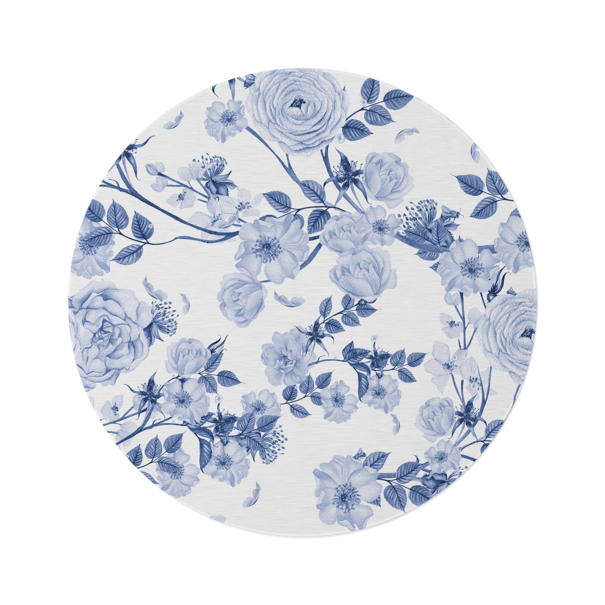 Blue Floral Round Rug, Boho Circle Rug, Plant Area Rug for Living Room