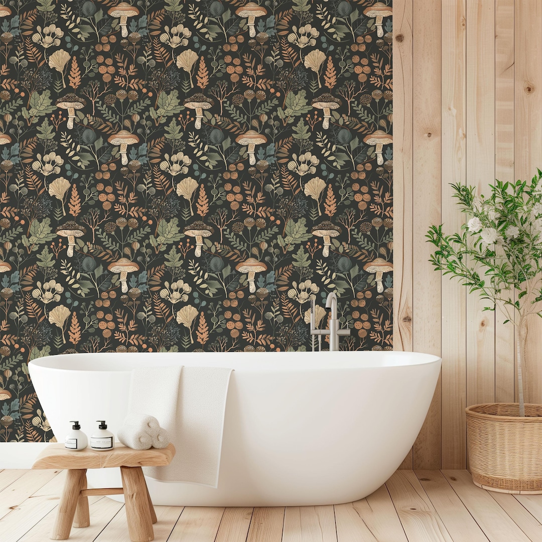 Boho Woodland Mushroom Wallpaper Cottagecore Green Forest Accent Wall ...