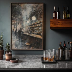 Prohibition Speakeasy Artwork | Framed Canvas | Bourbon Wall Art | Cocktail Decor | Masculine Poster | Moody Aesthetic | Bar Wall Hanging