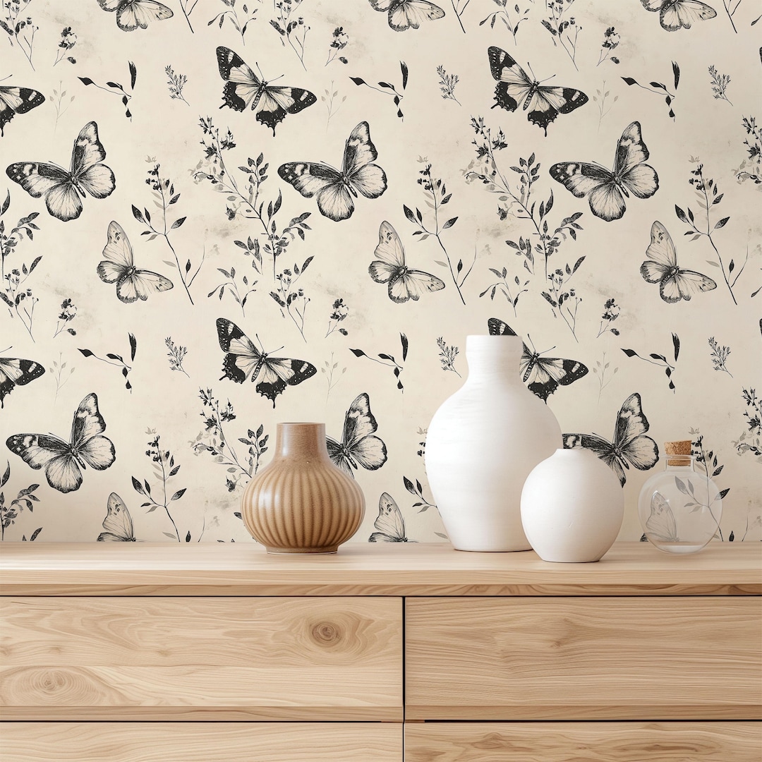 Neutral Vintage Butterfly Botanical Wallpaper: Beige Farmhouse Accent ...