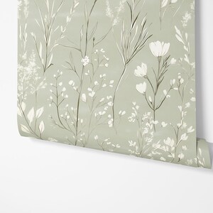 Green Wildflower Wallpaper: Neutral Floral Sage Botanical Accent Wall Mural image 5