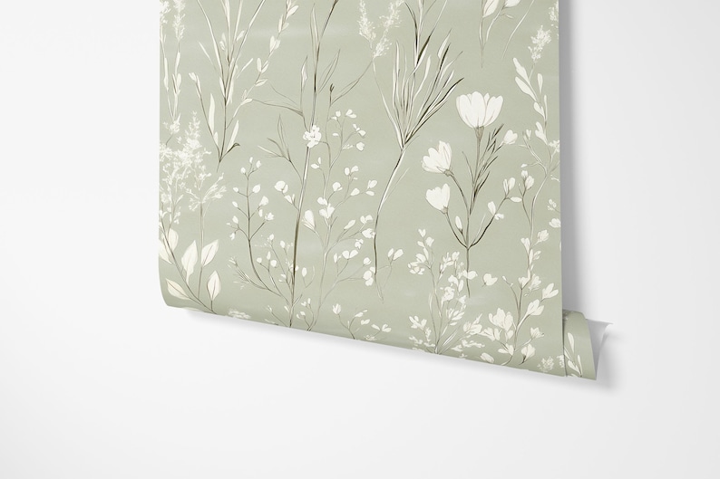 Green Wildflower Wallpaper: Neutral Floral Sage Botanical Accent Wall Mural image 5