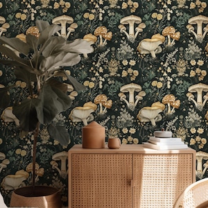 Woodland Whimsical Mushroom Wallpaper | Cottagecore Botanical Farmhouse Accent Wall Mural image 1