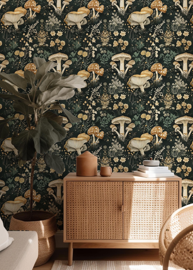 Woodland Whimsical Mushroom Wallpaper | Cottagecore Botanical Farmhouse Accent Wall Mural image 1
