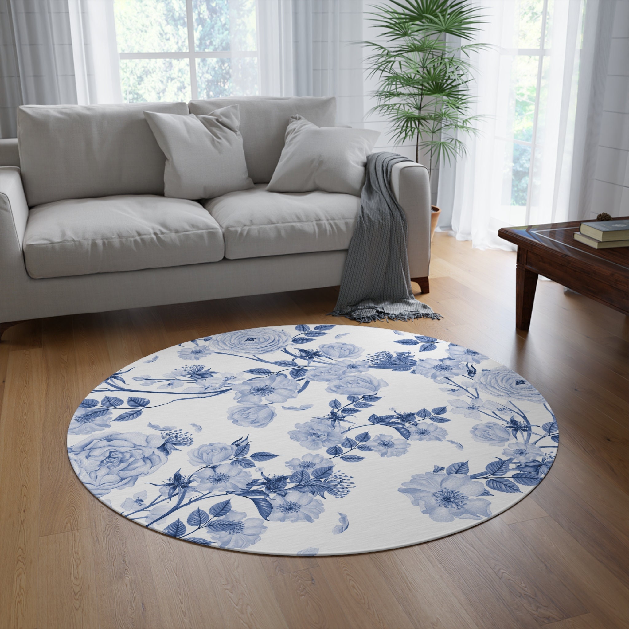 Blue Floral Round Rug, Boho Circle Rug, Plant Area Rug for Living Room