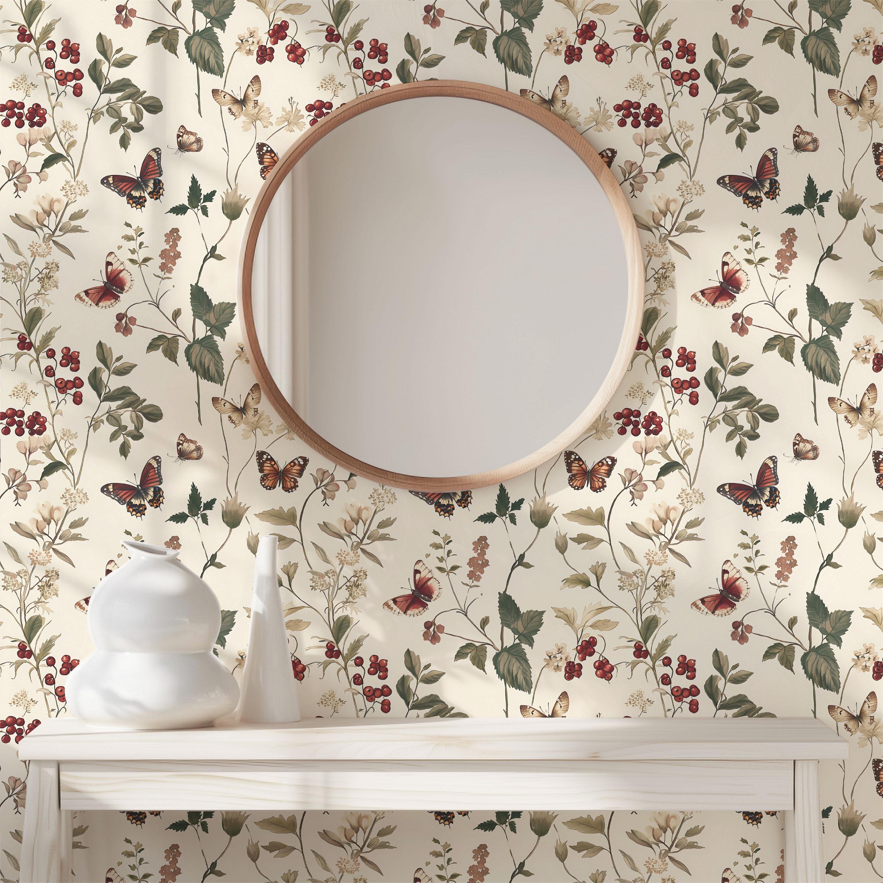 Botanical Butterfly Wallpaper: Vintage Floral and Insects Accent Wall ...