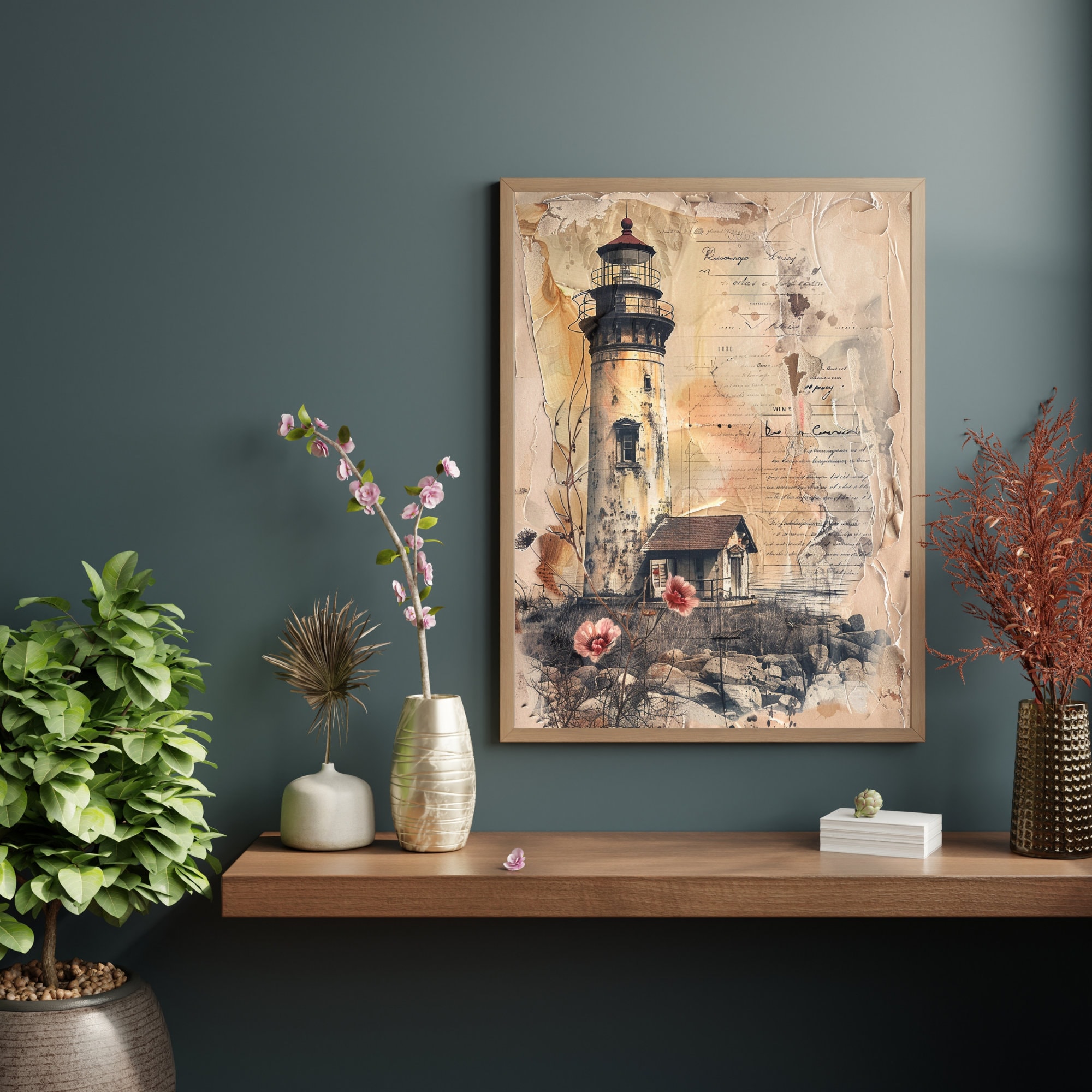 Botanical Lighthouse Wall Art Ocean Poster Print Vintage Style Framed ...