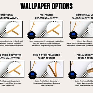 a variety of wallpaper options, including traditional smooth non-woven, pre-pasted smooth non-woven, commercial vinyl, and commercial smooth woven texture. The options are presented in a grid format, with each row representing a different type of wallpaper texture. The text provides information about the different textures, such as their appearance, ease of application, and suitability for various spaces.