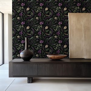 Dark Academia Garden of Eden Snake Wallpaper - Moody Dark Floral Botanical Mural - Gothic Peel & Stick Jungle Accent Wall