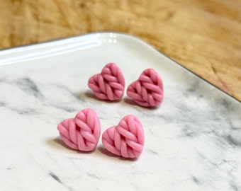 Valentines Day Light Pink Knitted Heart Clay Studs
