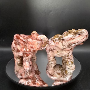 May include: Two stone elephant figurines with pink, brown, and white patterns. The elephants are standing on a reflective surface, with their reflections visible. The background is black.