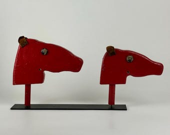 Fun Vintage Farmhouse Double Wooden Horse Heads Sculpture In Red, Kids Decor
