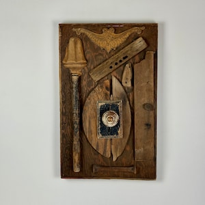 Vintage Folk Art Wall Sculptural Art Of Wood Objects Assembled Cubist Collage