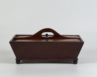Antique 19th C. Mahogany Double Compartments and Lidded Cutlery Box With Handle