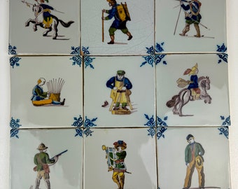 9 Vintage Hand Painted Makkum Tiles by Royal Tichelaar Dutch Pottery Bundle #4 Depicting Middle Ages Scenes, 5"x5"