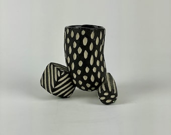 Unusual Oval Shaped Pottery Vase With Geometric Forms in B/W Dots & Stripes Pattern