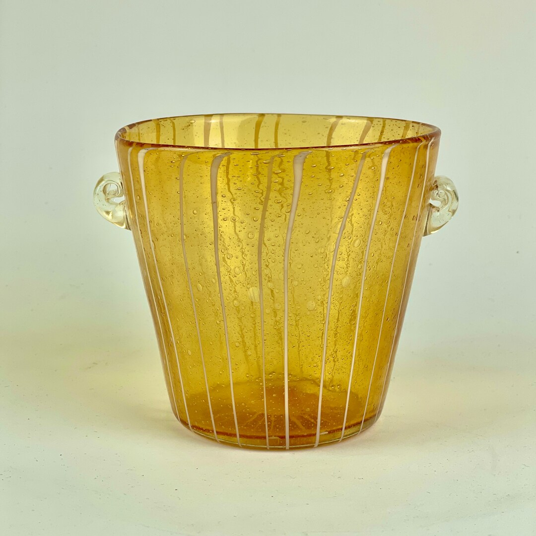 Vintage Venini for Disaronno Amber Glass Ice Bucket With White Stripes