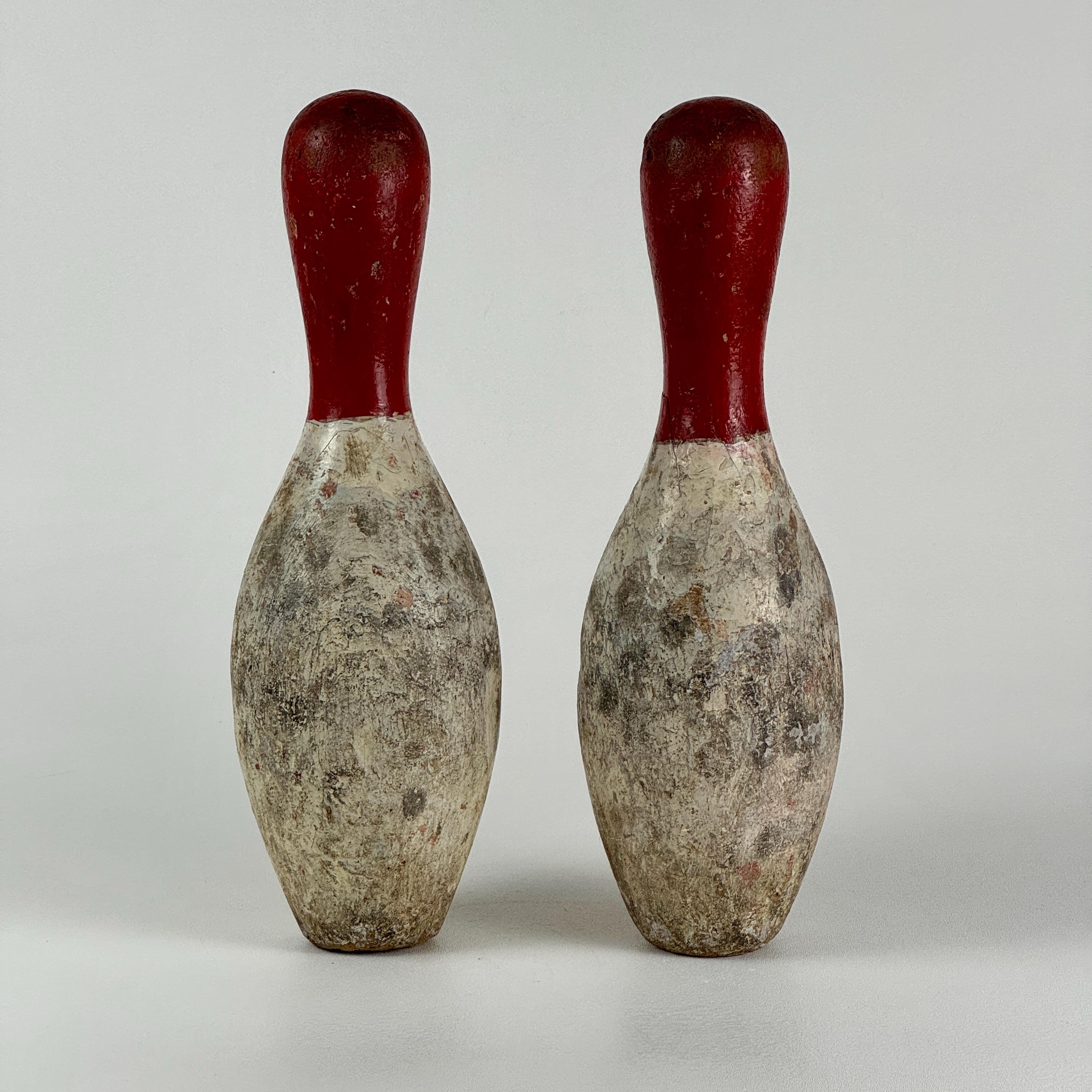 Vintage Pair Of Large Wooden Bowling Pins In Red & White