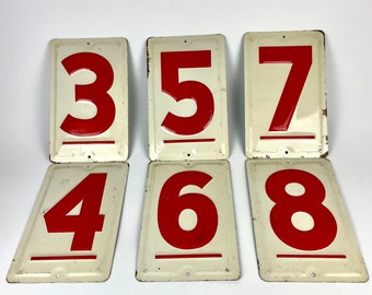 Vintage Porcelain on Metal Number Signs in Bright Red With Line Underneath - Selling Individually