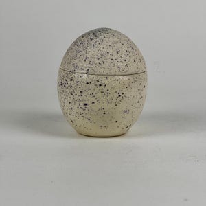 May include: A speckled ceramic egg-shaped container with a lid. The container is off-white with dark blue speckles. The lid fits snugly on top, creating a smooth, rounded form. The container is likely used for storage or decoration.