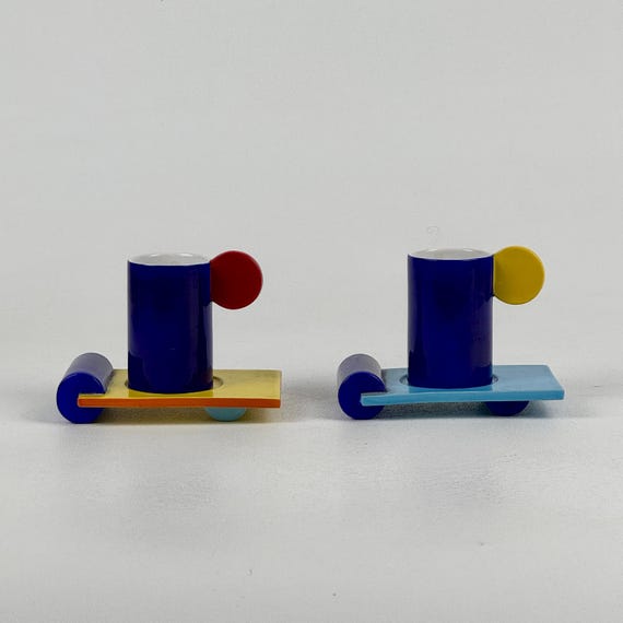 Vintage Pair of Postmodern Peter Shire Inspired Memphis Design Ceramic Cups & Saucers, Signed "A. R.", C 1980s